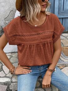 EMERY ROSE Contrast Lace Batwing Sleeve Blouse,Short Sleeve Tops - Brown - View 5