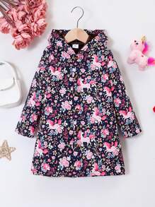 SHEIN Áo khoác có mũ trùm đầu có in hình kỳ lân cho bé gái - Màu xanh hải quân - Xem 3