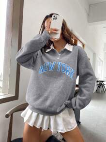 SHEIN Qutie 字母圖案Polo領落肩袖運動衫 - 灰色 - 查看 4