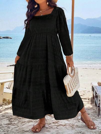 Breezaya Plus fyrkantig hals volang Hem Smock Dress Maxi Kvinnor Outfit