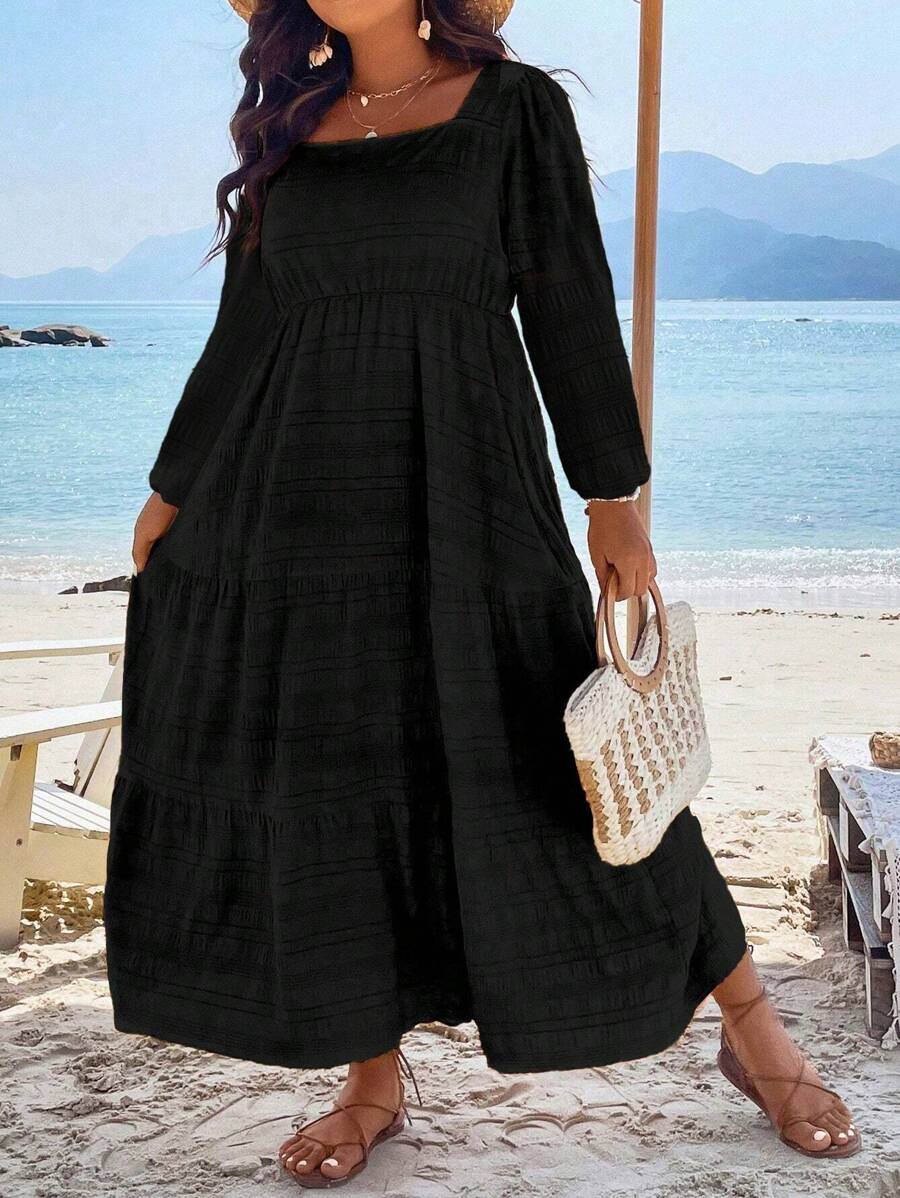 Breezaya Plus Square Neck Ruffle Hem Smock Dress Maxi Women Outfit Fall Cloth For Women - Black - View 1