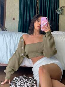 SHEIN Privé Top de punto de tubo corto liso con cárdigan de hombros caídos - Caqui - Ver 1