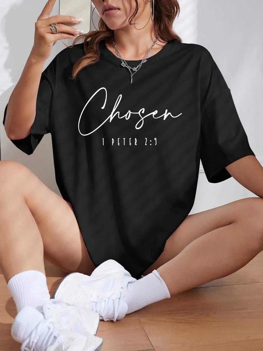 INAWLY 口号图案落肩 T 恤 图案 T 恤 女式上衣 - 黑色 - 查看 1