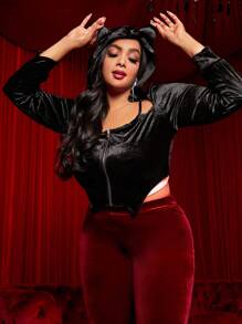 SHEIN SXY Plus Size Zip Up Asymmetrical Hem Velvet Sweatshirt - Black - View 6