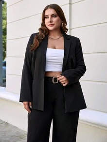 RueChic Plus Solid Lapel Neck Blazer Without Belt - Black - View 5