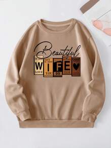INAWLY Letter Graphic Thermal Lined Sweatshirt - Khaki - View 1