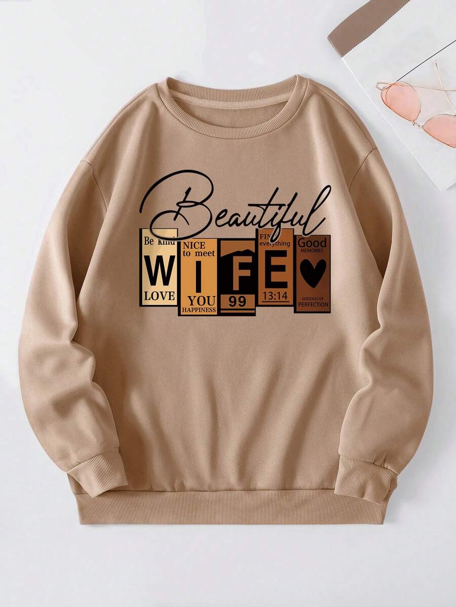 INAWLY Letter Graphic Thermal Lined Sweatshirt - Khaki - View 1