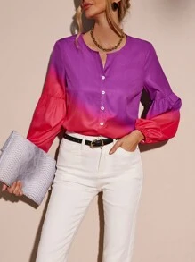 SHEIN LUNE In Ombre Tay áo lồng đèn Nút phía trước Áo sơ mi - Màu tím - Xem 4