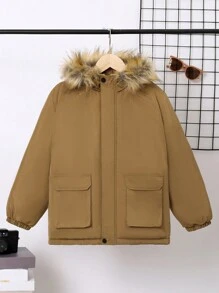 SHEIN Tween Boy Flap Pocket Fuzzy Trim Hooded Padded Coat - Khaki - View 3
