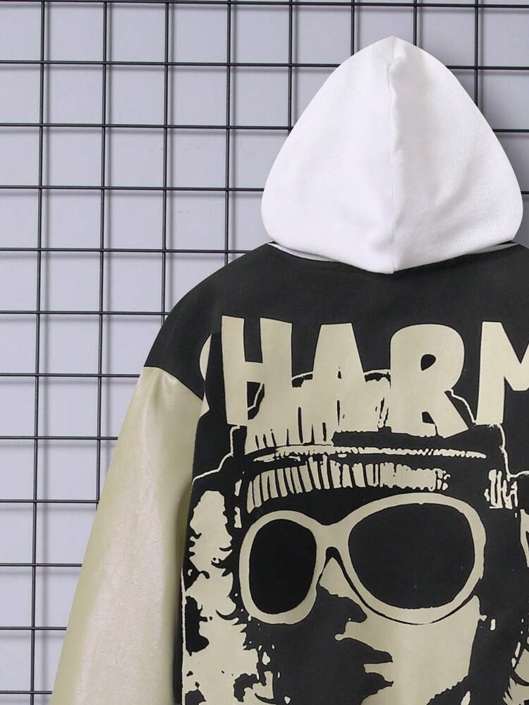 Tween Boy Figure & Letter Graphic & Patched Detail Two Tone Varsity Jacket Without Hoodie