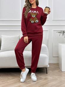 Bear And Letter Graphic Sweatshirt & Sweatpants - Burgundy - View 1