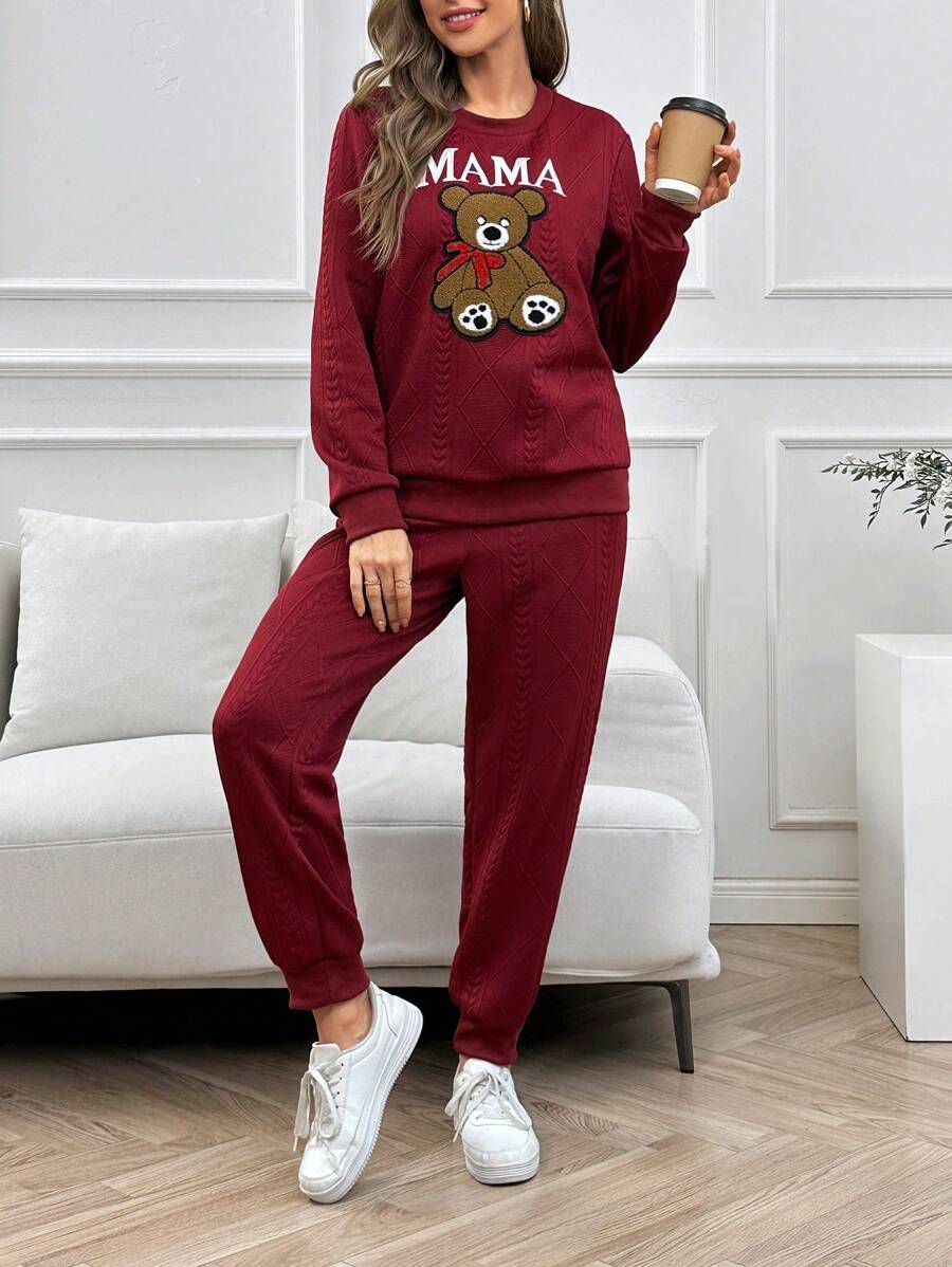 Bear And Letter Graphic Sweatshirt & Sweatpants - Burgundy - View 1