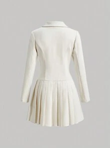 SHEIN MOD Lapel Collar Double Breasted Pleated Hem Dress - Beige - View 2