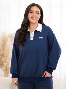 Mulvari Plus Letter Patched Polo Neck Drop Shoulder Sweatshirt Pullover Fall Sweatshirt - Navy Blue - View 3