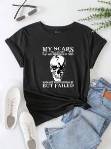 SHEIN EZwear Skull & Slogan Graphic Tee Những vết sẹo của tôi kể một câu chuyện Chúng là lời nhắc nhở về những lúc cuộc sống cố gắng phá vỡ tôi nhưng thất bại - màu đen - Xem 1