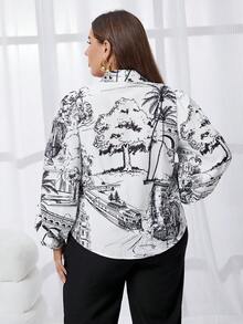 SHEIN Privé Plus Boat & Tree Print Lantern Sleeve Shirt - Multicolor - View 2