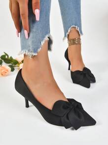 優雅花裝飾高跟法庭鞋,適用於晚會和街頭穿搭,時尚黑色高跟無跟鞋 - 黑色 - 查看 13