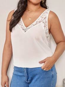 SHEIN LUNE Plus Contrast Lace V Neck Blouse - White - View 5
