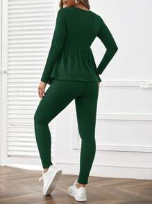 SHEIN Thai sản Đồ đan Ribbed Áo thun & Vòng eo có thể điều chỉnh Xà cạp - xanh quân đội - Xem 4