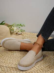 新品到貨女性透氣漁夫鞋,一腳蹬風格,厚下裝,編織草編和亚麻,休閒鞋 - 米色 - 查看 2