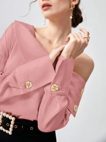 BizChic Solid Button Detail Asymmetrical Neck Blouse