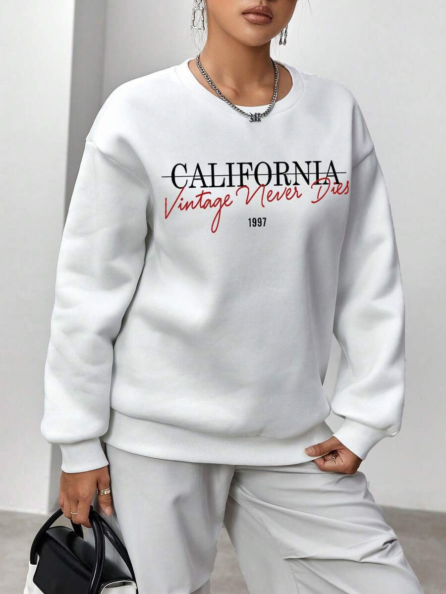 SHEIN Essnce 字母圖案落肩袖運動衫 - 白色 - 查看 1