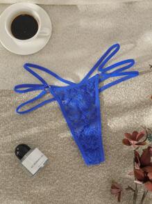 Ring Linked Cut Out Lace Thong Sexy Lingerie - Blue - View 4