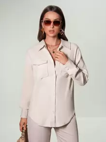 SHEIN Essnce Abrigo con bolsillo con solapa bajo curvo - Caqui - Ver 2