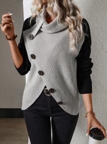 EMERY ROSE Farbblockpullover mit asymmetrischem Saum und Knopfverschluss, Langarmoberteil