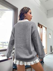 SHEIN Qutie 字母圖案Polo領落肩袖運動衫 - 灰色 - 查看 2