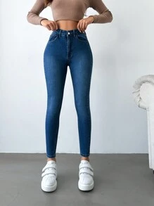 EURMUSE Pocket Detail Skinny Cropped Jeans - Blue - View 1