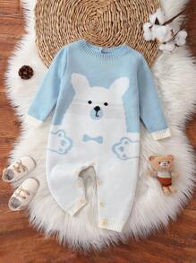 Baby Girl Cartoon Pattern Knit Jumpsuit - Blue and White - View 1