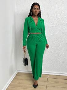 SHEIN Slayr 前拉鍊抽繩連帽短夾克&喇叭褲 - 綠色 - 查看 5