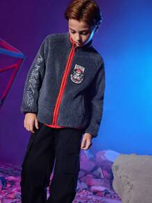 BATMAN X SHEIN Tween Boy Letter Embroidery Contrast Binding Fluffy Coat - Dark Grey - View 6