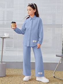 SHEIN Leap Crew Tween Girl Slogan Graphic Drop Shoulder Shirt & Wide Leg Pants