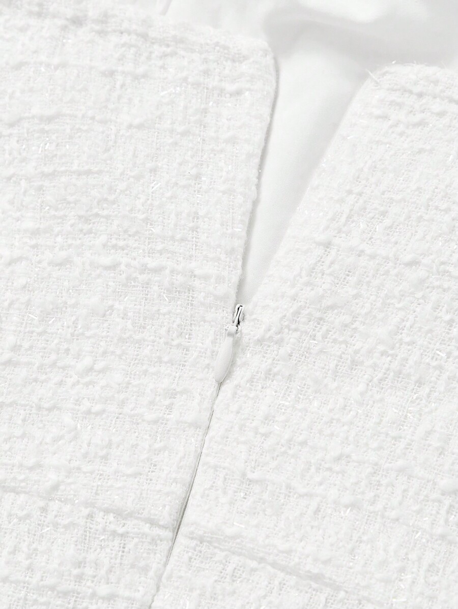 SHEIN MOD Tape Trim Flap Detail Tweed Tube White Short Dress SHEIN USA