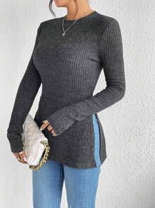 SHEIN Frenchy Solid Split Grain Fabric Round Neck Hem Ribbed Knit Tee Winter Casual Spring - Dark Grey - View 5