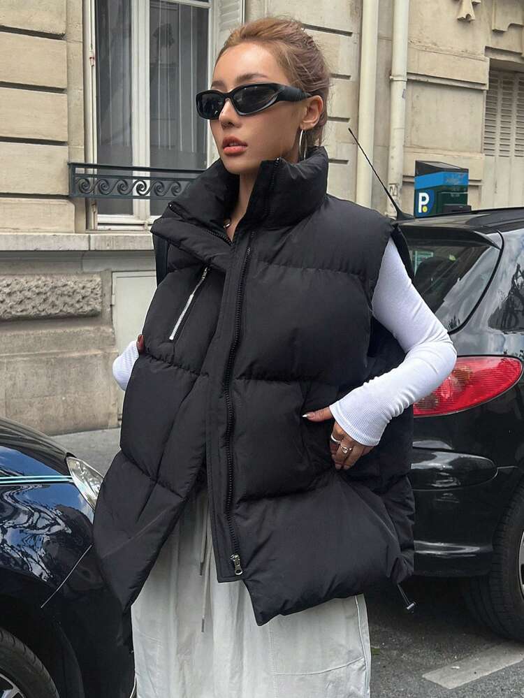 Zip Up Slant Pocket Vest Padded Thick Pockets Coat, Women Winter Coat Jacket