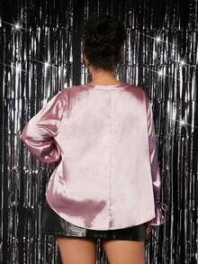 SHEIN CURVE+ Hơn Tay áo loe Nút ven Áo sơ mi - Hồng - Xem 2