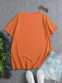 SHEIN EZwear 大碼花和標語圖案T恤 - 橘色 - 查看 2