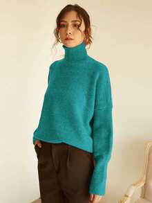 Knit Mix Elegant Women's Turtleneck Oversized Knit Sweater, Suitable For Autumn/Winter, Thick Long Sleeve Pullover, Retro Vintage Style, Suitable For Christmas, New Year, Thanksgiving, Valentine's Day, Back To School, Winter, Autumn - Teal Blue - View 5