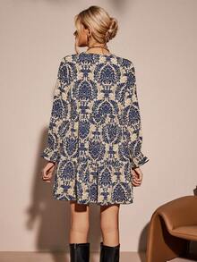 SHEIN LUNE Allover Print V Neck Smock Dress - Navy Blue - View 2