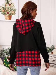 SHEIN LUNE Áo hoodie dây rút in họa tiết Gingham - màu đen - Xem 2