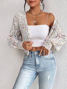 SHEIN Essnce 紙屑圖案落肩袖開襟衫 - 彩色 - 查看 7