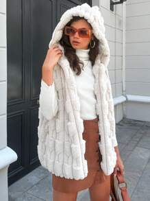 SHEIN Cottnline Solid Hooded Fuzzy Vest Coat - Apricot - View 3