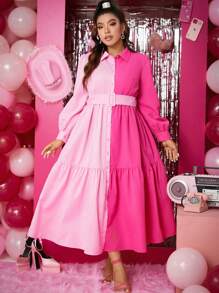 Calvaya Plus Two Tone Ruffle Hem Belted Shirt Dress - Hot Pink - View 5