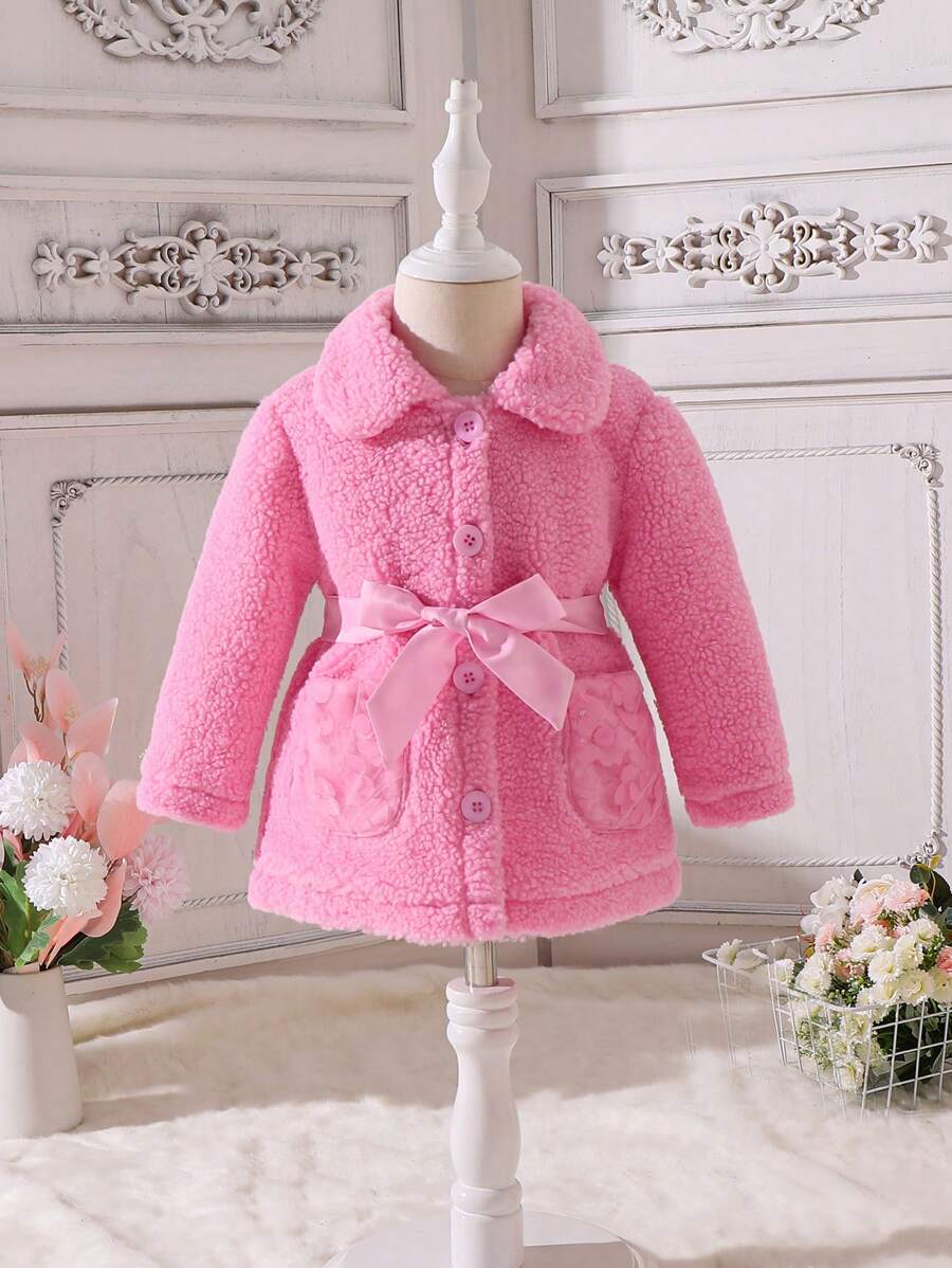 Baby Girl Solid Belted Teddy Coat - Pink - View 1