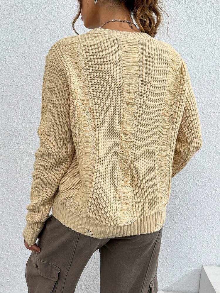 Solid Distressed Knit Pullover Fall Winter Sweater