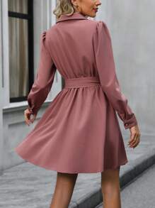 SHEIN LUNE Flap Pocket Puff Sleeve Belted Shirt Dress Fall Cloth For Women - Pink - View 2