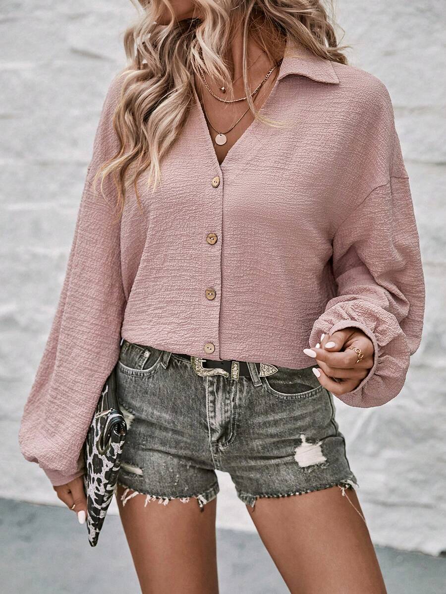 SHEIN Clasi 素色落肩袖前紐扣襯衫 - 藕粉色 - 查看 1